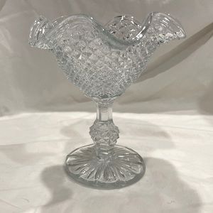 Vintage Clear Glass Diamond Point English Hobnail Pattern Compote w Fluted Rim.